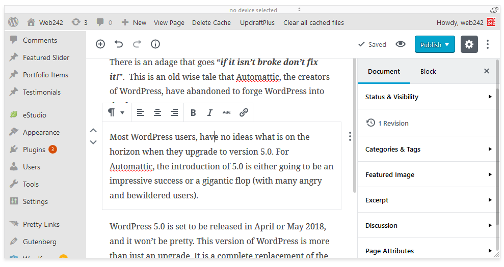 Fig. 3. Copying from MS-Word will put your entire document into separate blocks - each and every paragraph in the new WordPress 5 Gutenberg editor.