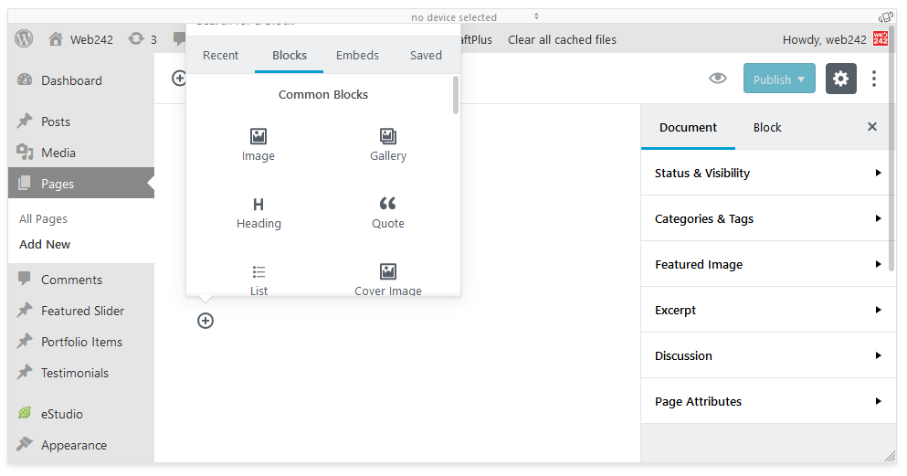 Fig. 2. Clicking on the + symbol opens the blocks menu in the new WordPress 5 Gutenberg editor.