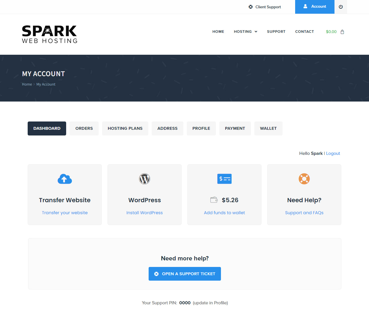 Spark Web Hosting: Custom WooCommerce my-account dashboard.