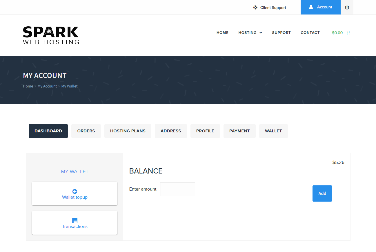 Spark Web Hosting: My account with a wallet plugin integration.